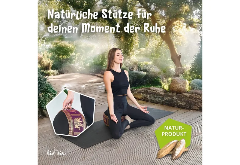 livasia Meditationskissen Zafukissen (Deluxe) - 32x20cm, Kapok, vegan, handgefertigt, Lila|schwarz, – Produktbild 2 von 5
