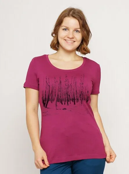 Peaces.bio - handbedruckte Biomode Peaces.bio - handbedruckte Biomode Lieber Wieder Shirt Woodland Damen, Beere, – Produktbild 2 von 3