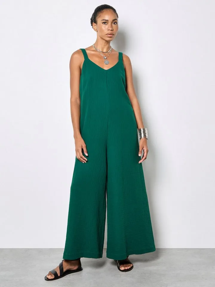 Apricot Apricot Jumpsuit Jumpsuit aus strukturierter Baumwolle mit weitem Bein, Grün, – Produktbild 1 von 4