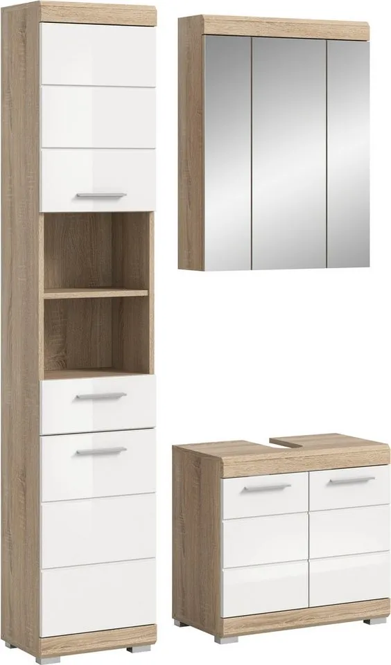 welltime Badmöbel-Set SIENA, 3 teilig, bestehend aus:, (Set, 3-St., TOPSELLER), Hochschrank, Waschbeckenunterschrank, Spiegelschrank, Weiß, – Produktbild 2 von 4
