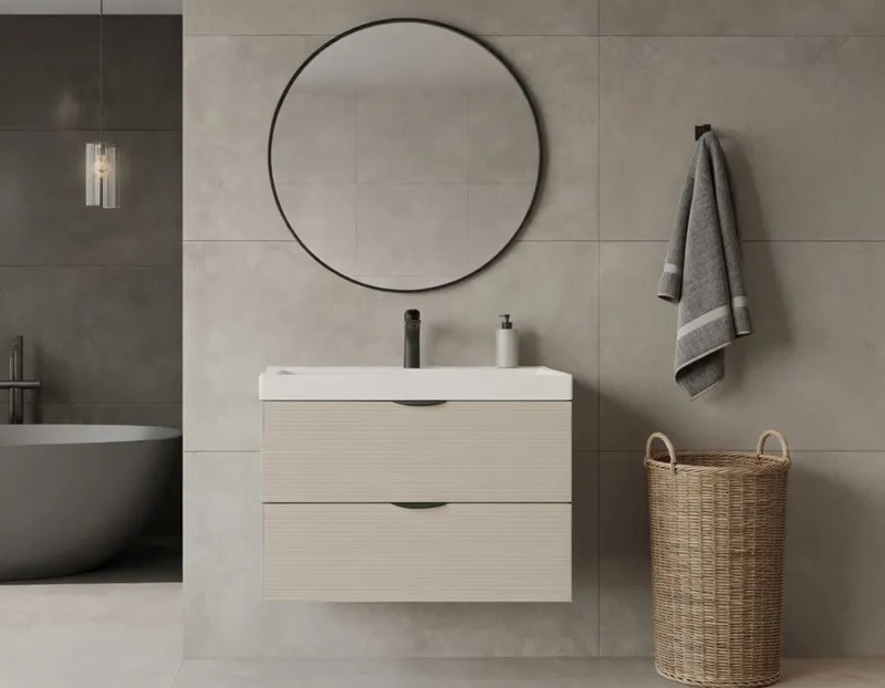 welltime Waschtisch FLOW STRIPE mit Waschbecken, Breite 60 oder 80cm, modernes Design, Schrank mit 2 Schubladen, Soft-Close-Function, in 2 Breiten erhältlich, Beige, – Produktbild 5 von 8