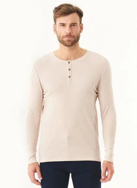 ORGANICATION ORGANICATION Geripptes Henley Langarmshirt aus Bio-Baumwolle, Stone, – Produktbild 1 von 3