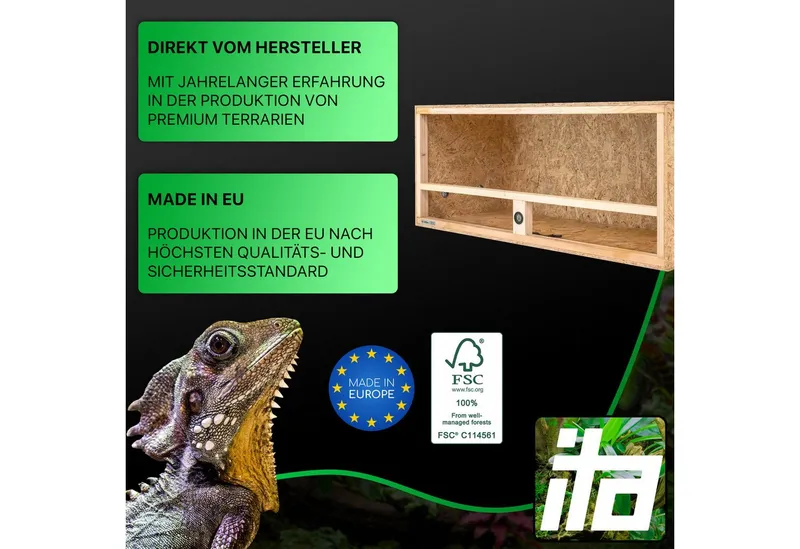 ITA Terrarium Holz Terrarium 120x50x50 mit Seitenbelüftung & Integriertem Hygrometer, Holzterrarium aus OSB - Terrarien für Reptilien, Schlangen, Amphibien, Beige|braun, – Produktbild 2 von 5