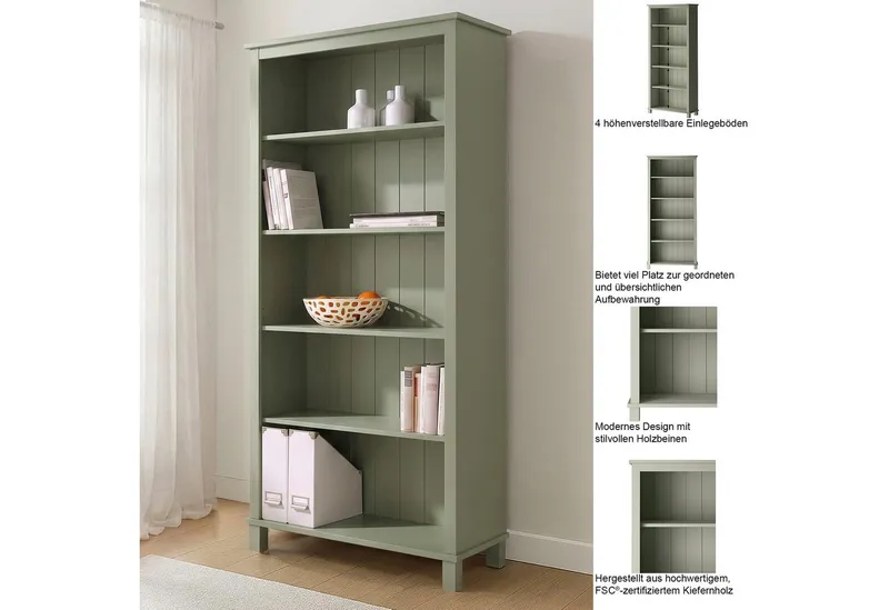 OTTO home Regal Pivo Bücherregal mit 4 verstellbaren Einlegeböden, aus massivem Kiefernholz, 5 Fächer, mit einer natürlichen Maserung, Braun, – Produktbild 3 von 5