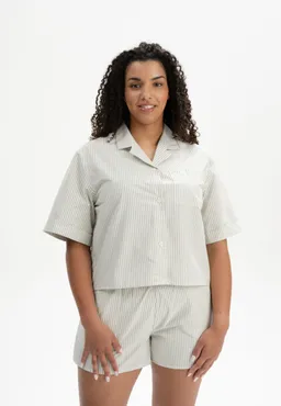 MELA MELA Damen vegan Pyjama Set Thymian/Naturweiß Gestreift – Produktbild 1 von 1