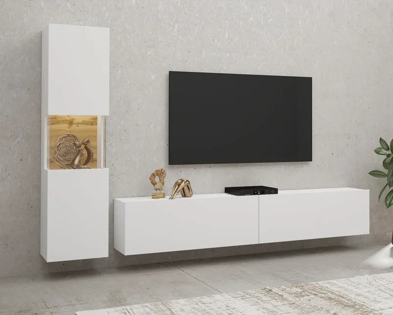 Home affaire Wohnwand Ava, Wohnzimmer-Set hängend/stehend montierbar, Vitrine, Lowboard, 2-tlg., Weiß, – Produktbild 4 von 4