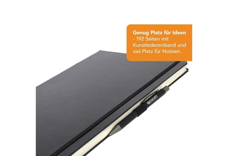 Westcott Westcott Notizbuch DIN A4 kariert, 192 Seiten im Hardcover, 80 g/m² FSC Mix-Papier, mit Innentasche, Lesezeichen, Gummizug und Stifthalter, Schwarz, – Produktbild 3 von 7