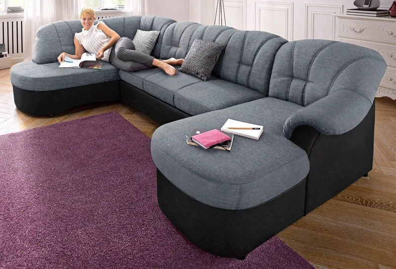 DOMO collection Wohnlandschaft FLORES 293x180x86 cm, hochwertig, komfortabel, U-Form, 3 Teile, wahlw. mit Bettfunktion, wahlw. mit Federkern, Unser Dauertiefpreis, Schwarz|silberfarben, – Produktbild 6 von 8