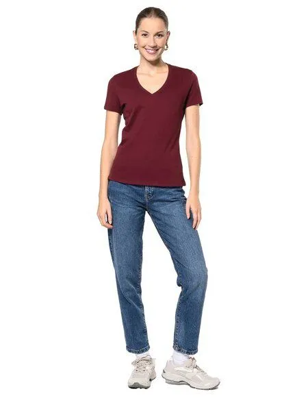 YTWOO YTWOO Basic Damen T-Shirt mit V-Ausschnitt aus Bio-Baumwolle in Conversion, Wine, – Produktbild 1 von 4