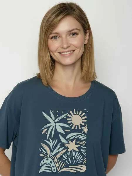 GreenBomb GREENBOMB Plants n Leaves Feel - Lässiges T-Shirt aus Bio-Baumwoll-Mix / hochwertiger Print / GOTS / Fair & Vegan, Blau (ash blue), – Produktbild 2 von 4