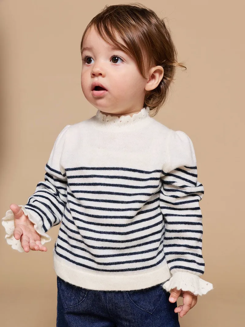 Vertbaudet Vertbaudet Gestreifter Baby Pullover mit Volantkragen Mama-Tochter-Capsule, Wollweiß, – Produktbild 1 von 4