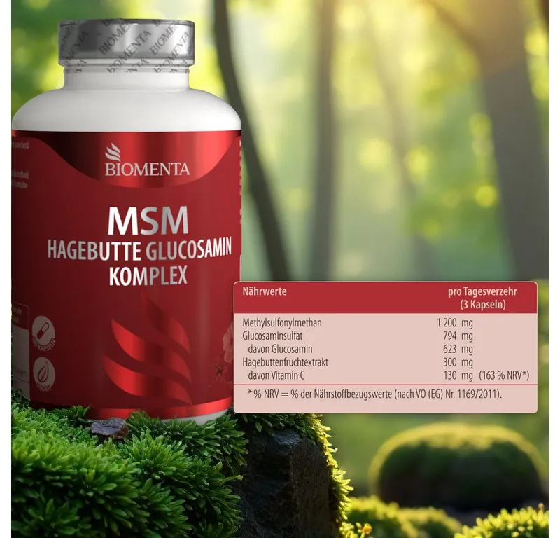 BIOMENTA MSM + Hagebutte + Glucosamin - 180 allergenfreie MSM Kapseln Kapseln, 180 St., 175.3 g – Produktbild 5 von 5