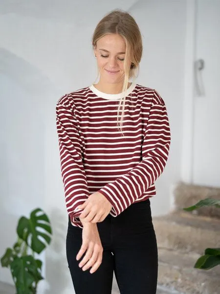 FUXBAU FUXBAU Frauen Streifen Longsleeve - creme grün, bordeaux, blau oder senf, Blue, – Produktbild 1 von 8