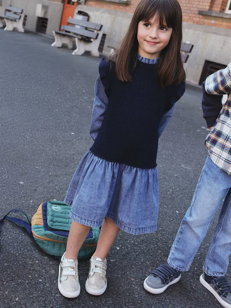 Vertbaudet Vertbaudet Mädchen 2-in-1-Kleid mit Denim, Marine, – Produktbild 4 von 4