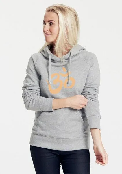Peaces.bio - handbedruckte Biomode Peaces.bio - handbedruckte Biomode Bio-Damen-Kapuzensweater "Om", Hellgrau, – Produktbild 2 von 2