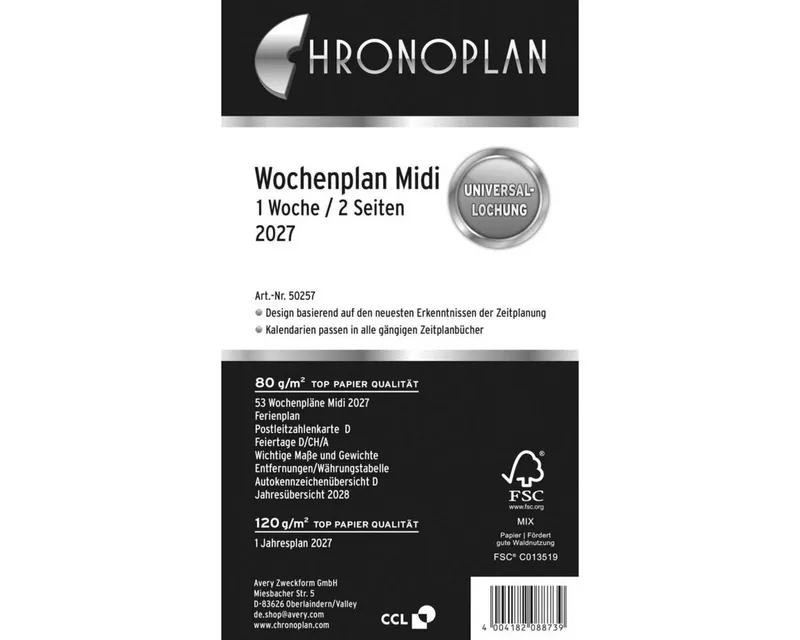 Chronoplan Chronoplan Terminplaner Chronoplan Wochenplan Midi 2027 1 Woche/2 Seiten in Zeilen, Weiß, – Produktbild 4 von 6