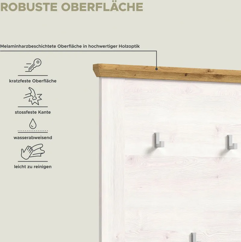 Home affaire Garderobenpaneel COSENZA, Höhe 103 cm, 5 Garderobenhaken, 2-farbig, in Landhausoptik, Wandpaneel, Paneel, Wandhaken, Weiß, – Produktbild 4 von 5