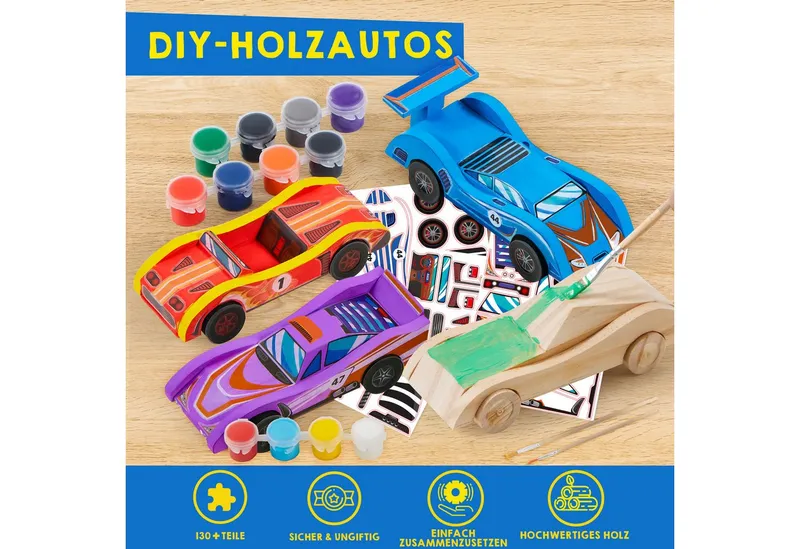 Klever Kits Bastelscheren Klever Kits 4 Stück Holz Auto Bastelset Kinder, (1-tlg) – Produktbild 5 von 5