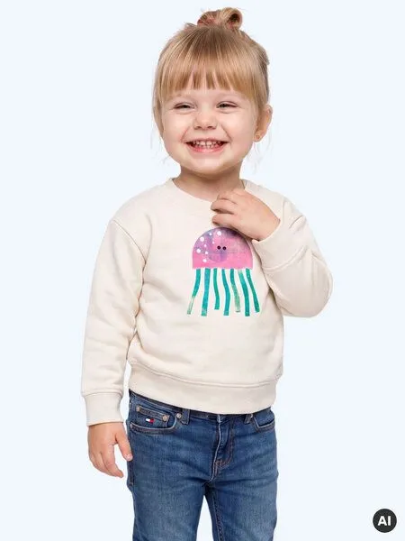 MelaDi Meladi Kinder Baby - Sweater aus Biobaumwolle - Qualle auf Natural Raw, Weiß, – Produktbild 6 von 7
