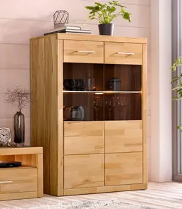 OTTO home Vitrine Ribe, 125 cm hoch, Fronten Massivholz, 4 breite Fächer Korpus Holzwerkstoff, 2Türen mit Glaseinsatz, einlegeboden verstellbar – Produktbild 1 von 1