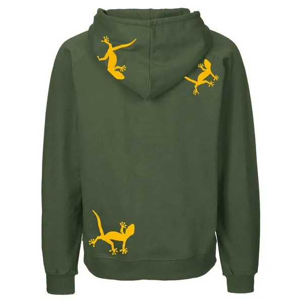 HANDGEDRUCKT HANDGEDRUCKT "Geckos" Männer Zip-HOODY aus reiner Biobaumwolle (kbA), Militarygreen, – Produktbild 1 von 4