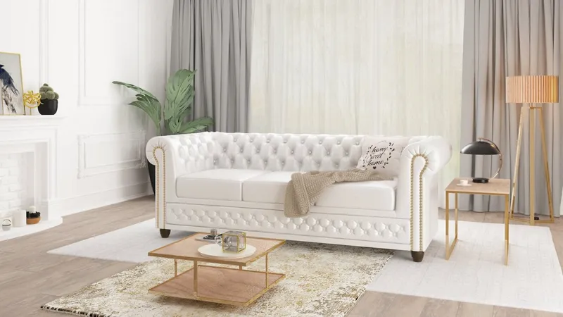 S-Style Möbel Chesterfield-Sofa Jeff 3-Sitzer aus veganem Leder mit Holzfüßen, Mit Wellenfederung, Weiß, – Produktbild 1 von 5