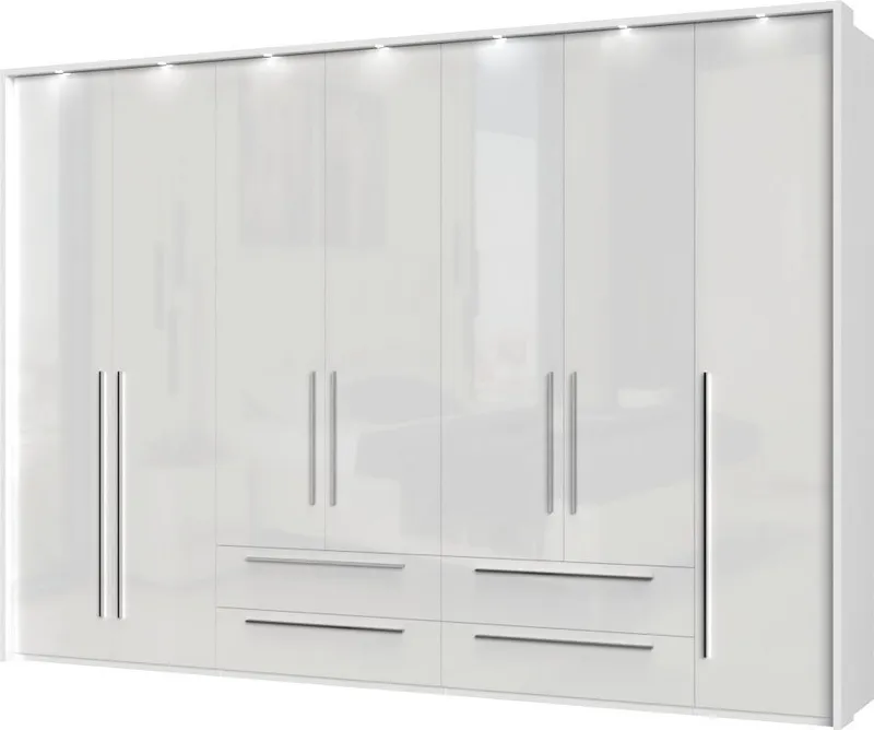 OTTO home Drehtürenschrank Piano, inklusive Rahmen und Beleuchtung, soft-close-Funktion (277 oder 322cm breit, 226cm hoch, mit 4 Schubladen) UV lackiert, hochglänzend weiß oder beige, FSC-zertifiziert, Weiß, – Produktbild 8 von 8