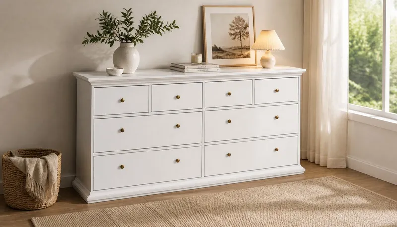Home affaire Kommode Paris, Aufbewahrung, Schubladenschrank, Stauraum, mit 8 Schubladen, Landhausstil, Elegant, geräumig, Breite 184 cm, Höhe 87 cm, Weiß, – Produktbild 5 von 5