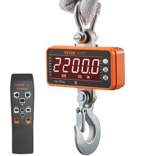 VEVOR Digitale Hängewaage 9 bis 1000kg Kranwaage lbs/kg/N Zugwaage 0,2kg Genauigkeit Wildwaage Industriewaage LED-Display Hängende Waage Mini tragbare Waage mit Fernbedienung 9 Funktionen – Produktbild 1 von 1