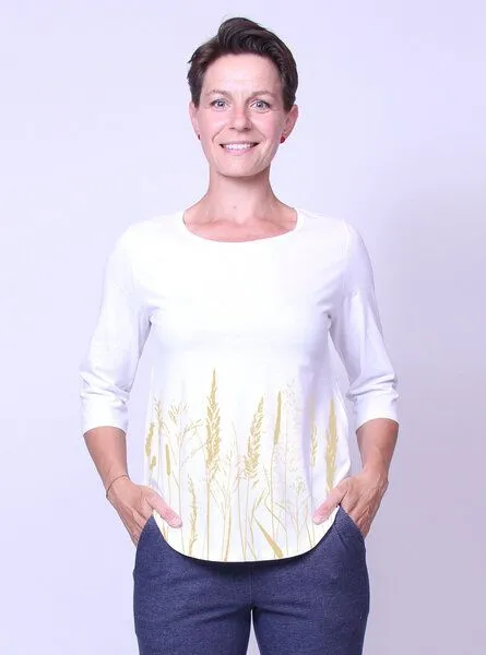Peaces.bio - handbedruckte Biomode Peaces.bio - handbedruckte Biomode Bio-Damen-3/4 Arm Shirt- Gräservielfalt, Weiss, – Produktbild 2 von 2