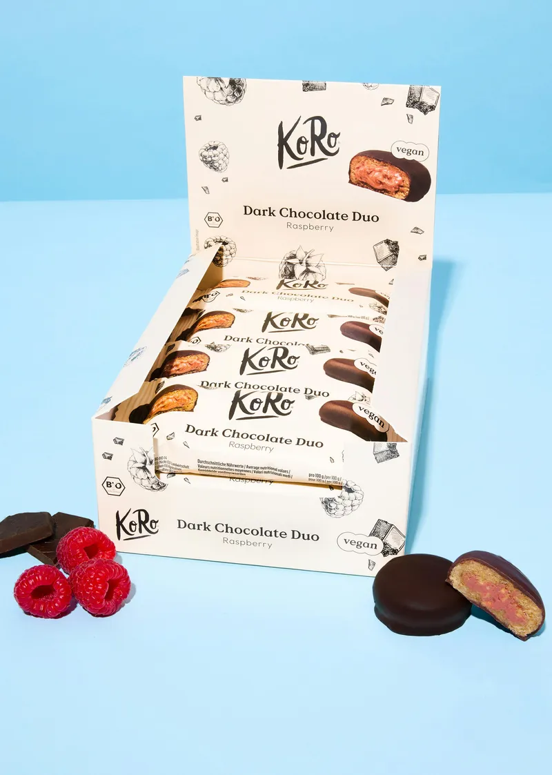 KoRo Bio Dark Chocolate Duo Raspberry | 12 x 2 x 20 g – Produktbild 1 von 5