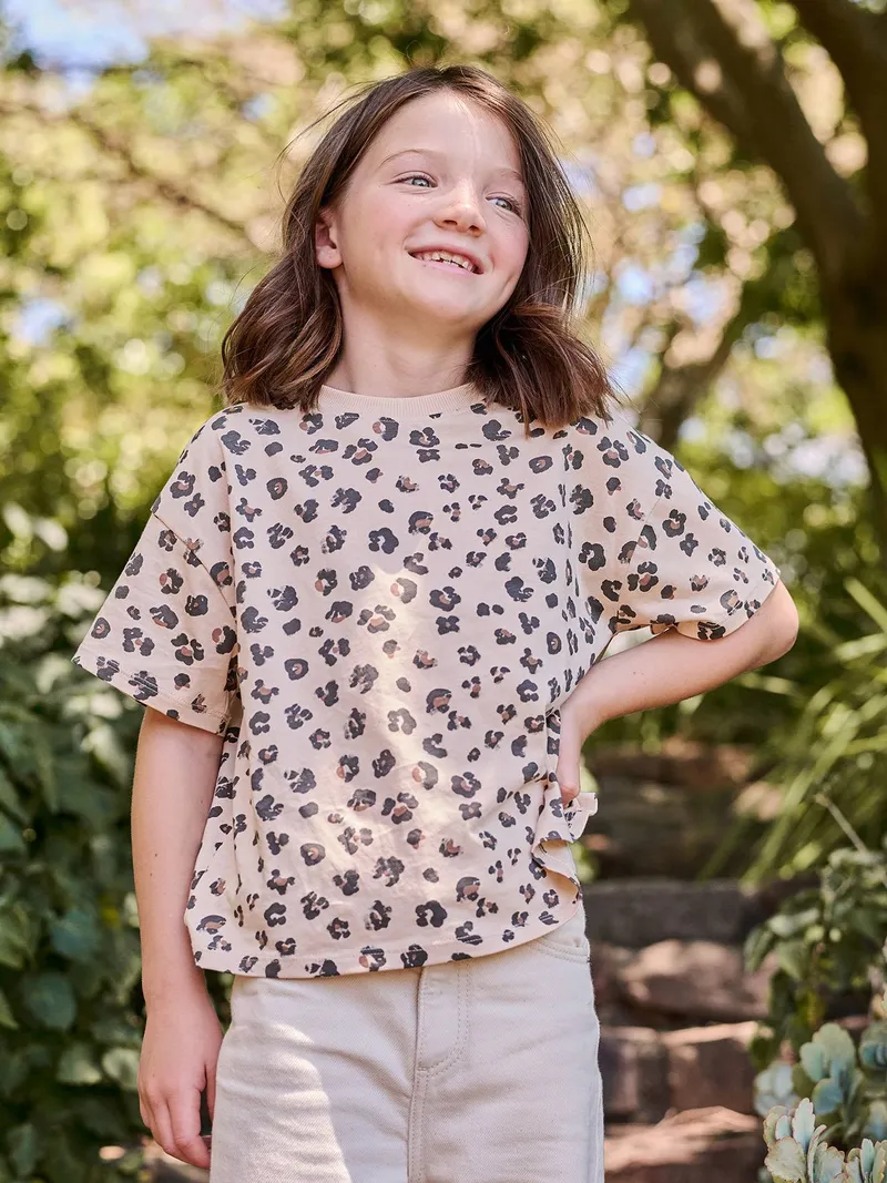 Vertbaudet Bedrucktes Mädchen T-Shirt, Sandbeige leo, – Produktbild 1 von 3