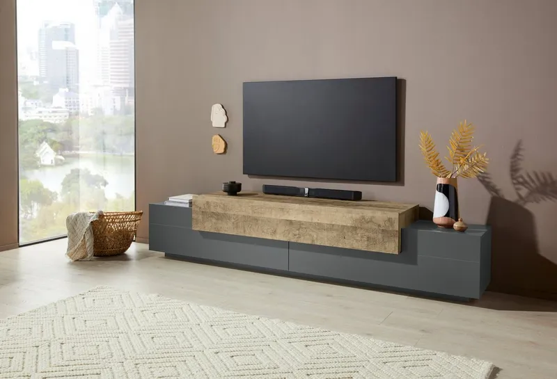 Home affaire Lowboard Coro,Lowboard,TV-Kommode,TV-Möbel,TV-Bank, mit 3 Klappen, (B/T/H) 240x45x51,6 cm, Grau, – Produktbild 3 von 5
