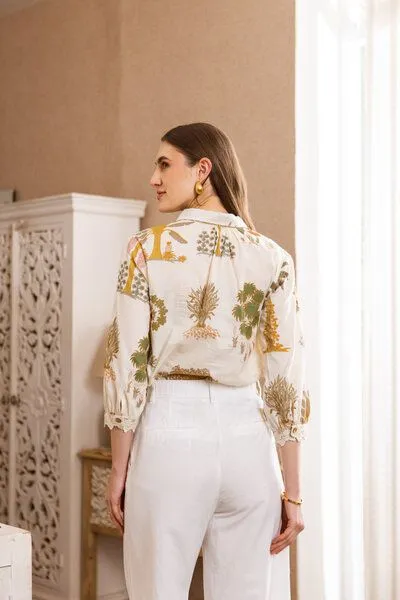Haus of Namaste Haus of Namaste Damen Bluse creme „Botanica" Rüschenausschnitt handblockbedruckt Bio-Baumwolle – Produktbild 3 von 4