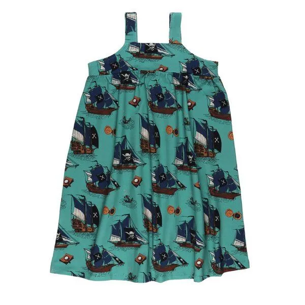 Walkiddy Walkiddy Kinder Trägerkleid GOTS zertifiziert, 95% Bio-Baumwolle, grün, Piratenschiff-Muster, leicht & bequem, Grün, – Produktbild 1 von 2