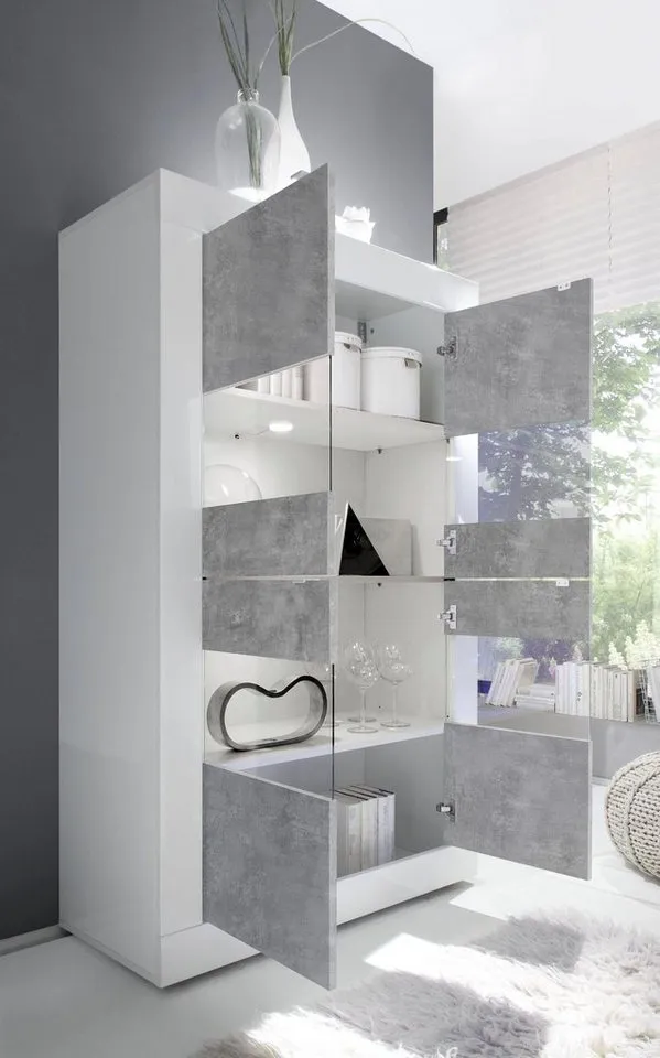 Home affaire Vitrine Basic Höhe 162 cm, Standvitrine mit 4 Türen - Metallgriffe, Stauraumvitrine in moderner Rahmenoptik, Hochschrank, Anrichte, Weiß, – Produktbild 5 von 8
