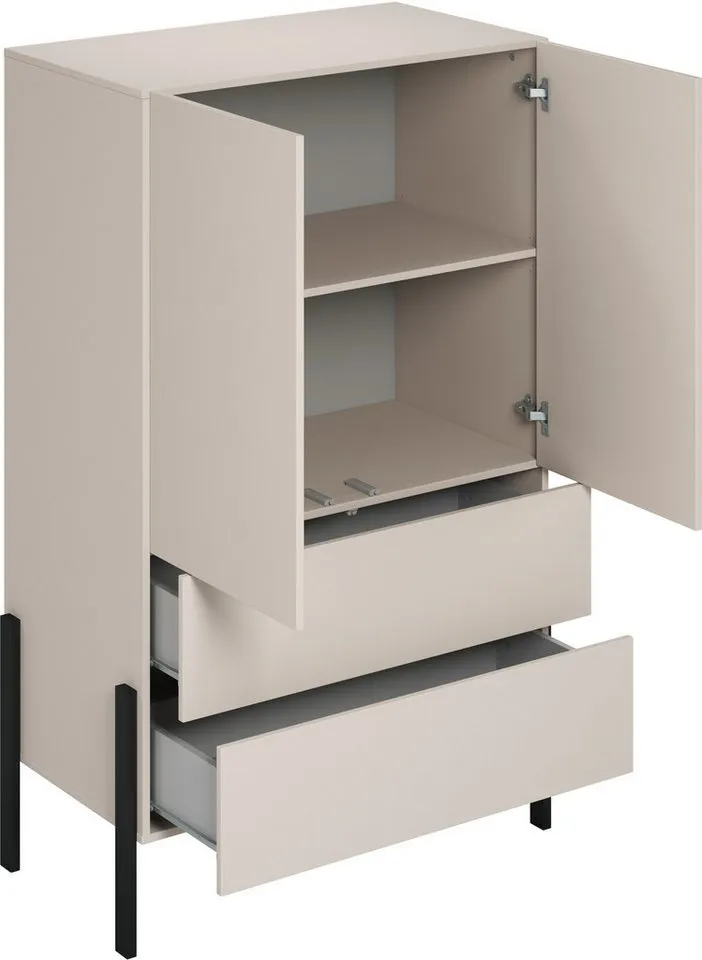 OTTO home Wäscheschrank Jukon, moderner griffloser Kleiderschrank, Metallfüsse, Made in Europe (90x150x50, ideal für kleine Räume oder Nischen) Mehrzweckschrank,2 Schubladen, 2 Türen, FSC-zertifiziert, Kaschmir | korpus: kaschmir, – Produktbild 5 von 5