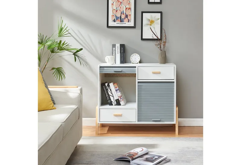 en.casa Kommode, Sideboard »Kvaefjord« 72x80x40 cm mit zwei Jalousietüren Weiß/Grau, Weiß, – Produktbild 3 von 4