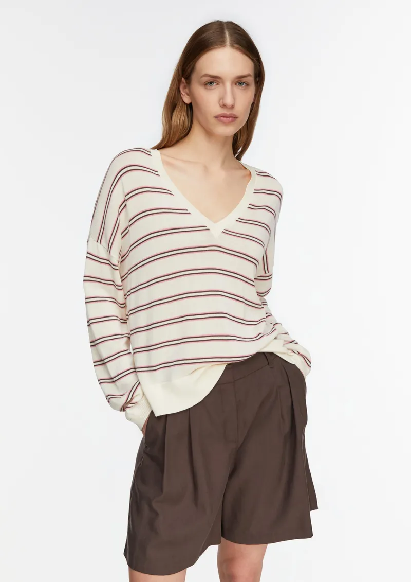 comma comma Gestreifter Feinstrickpullover aus Lyocellmix, Creme|mehrfarbig, – Produktbild 2 von 3
