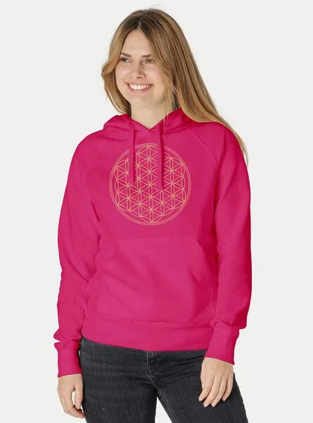 Peaces.bio - handbedruckte Biomode Peaces.bio - handbedruckte Biomode Bio-Damen-Kapuzensweater Die Blume des Lebens, Pink, – Produktbild 2 von 3