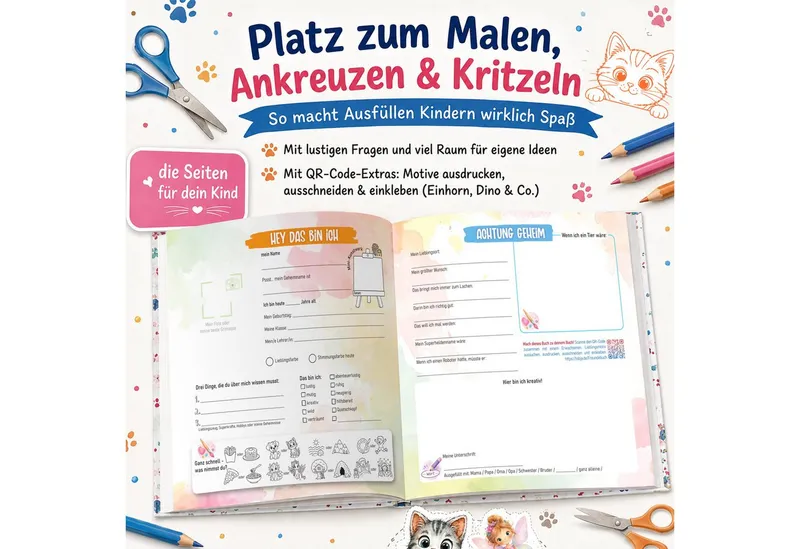TOBJA Poesiealbum Freundebuch Grundschule Katze 21x21 cm - 32 Freunde, 9 Erwachsene, Katzen-Motiv, 92 Seiten, 32 Doppelseiten, FSC®-Papier – Produktbild 4 von 5