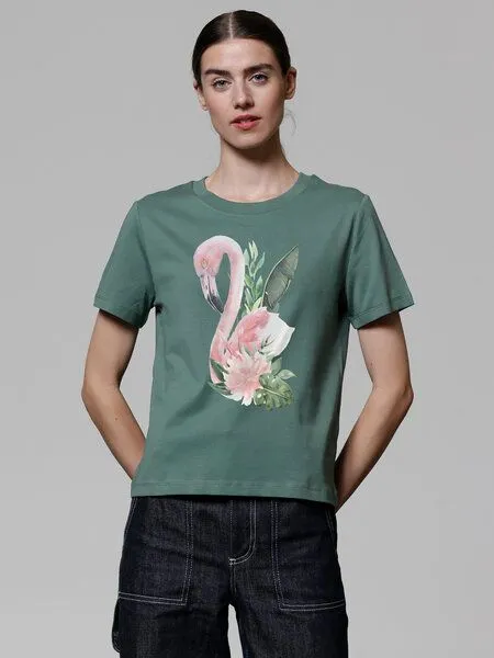 watapparel watapparel T-Shirt Frauen Flamingo mit Blumen, Green bay, – Produktbild 2 von 3
