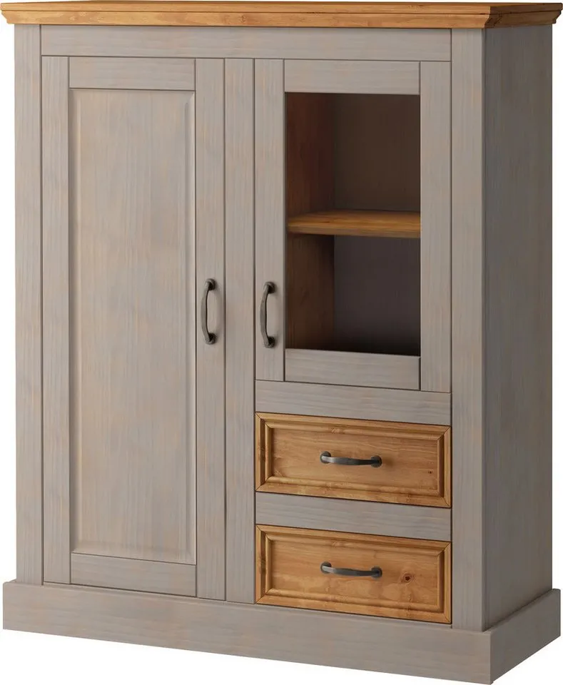 OTTO home Highboard Selma Vitrine mit 2 Türen, eine davon mit Glaseinsatz und 2 Schubläden, aus massivem Kiefernholz, mit einer natürliche Maserung, Metallgriffe, Grau, – Produktbild 2 von 5