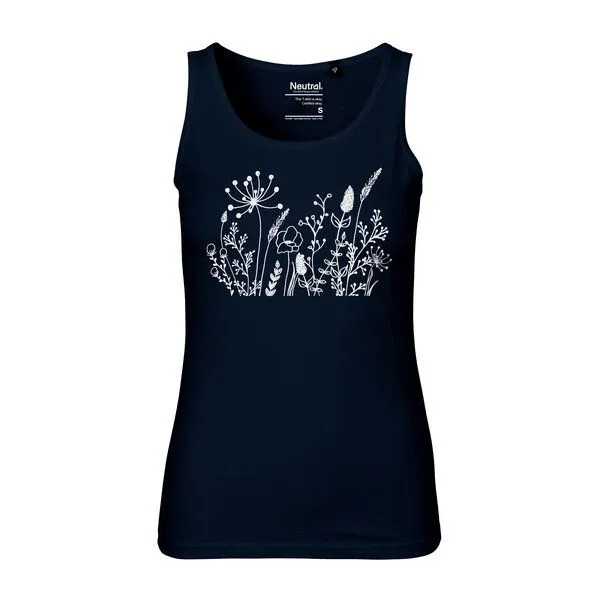 HANDGEDRUCKT HANDGEDRUCKT Frauen Tank Top "Wilde Wiese" aus 100% Bio Baumwolle (kbA), Navy blue, – Produktbild 1 von 2