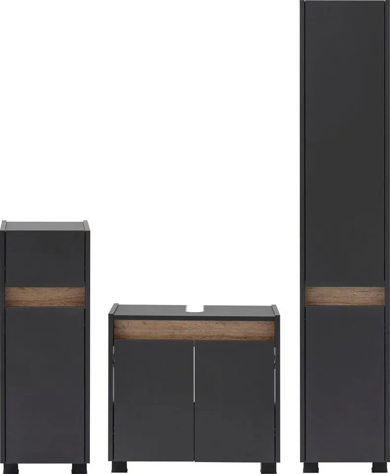 Schildmeyer Badmöbel-Set Cosmo, Badezimmer Set, melaminharzbeschichtet, Made in Germany, (Set, 3-St), Solide Verarbeitung - Dieses Produkt ist in Deutschland gefertigt, Schwarz, – Produktbild 3 von 5