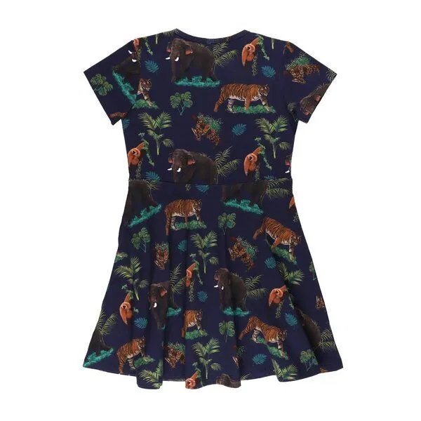 Walkiddy Mädchen Skaterkleid GOTS zertifiziert – Bio-Baumwolle, Dunkelblau mit tropischem Muster, Kurzarm, bequem | Walkiddy, Blau, – Produktbild 2 von 3