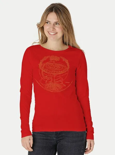 Peaces.bio - handbedruckte Biomode Peaces.bio - handbedruckte Biomode Bio-Damen-Langarmshirt "Weltenesche", Rot, – Produktbild 2 von 3