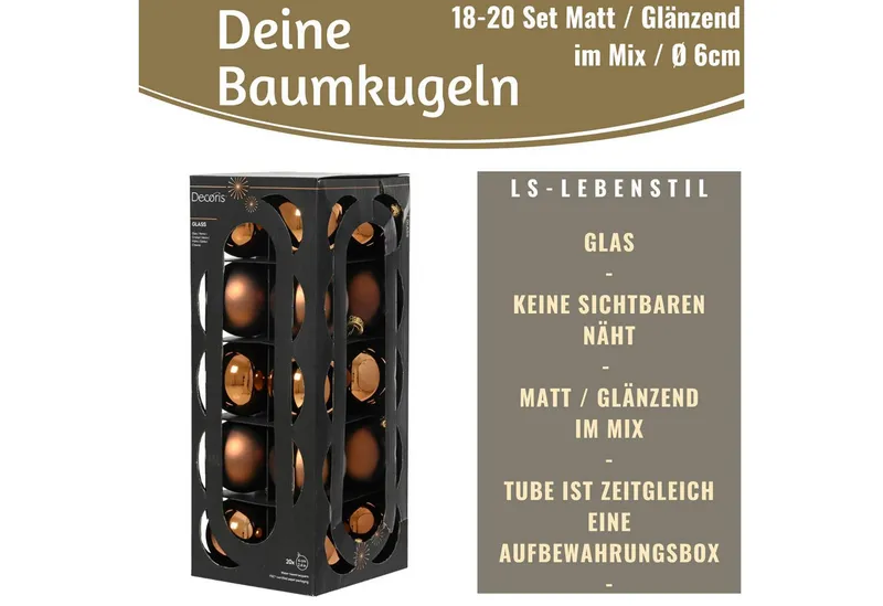 LS-LebenStil Weihnachtsbaumkugel 18-20 Design Glas Weihnachtskugeln 6cm Braun Espresso Christbaum Deko (18 St), Edle Weihnachtsdeko Matt / Glänzend Weihnachtsbaumschmuck Deko Kugeln, Braun, – Produktbild 2 von 5