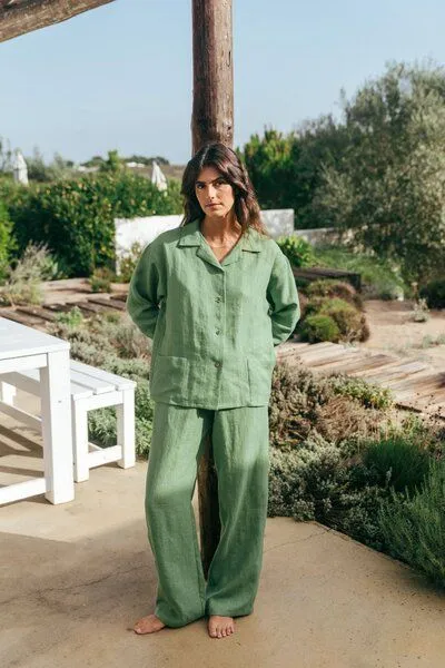AmourLinen AmourLinen Langarm-Pyjama-Set Snooze, Matcha grün, – Produktbild 1 von 4