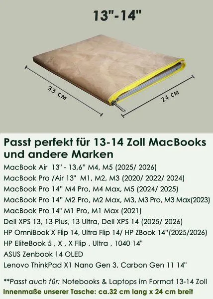 BY COPALA BY COPALA Gefütterte 13–14 Zoll Laptoptasche aus waschbarem Kraftpapier (Vegan-Leder-Optik) mit gelbem Zipper – wasserabweisende Hülle für MacBook, Dell, HP, Lenovo – Produktbild 3 von 4